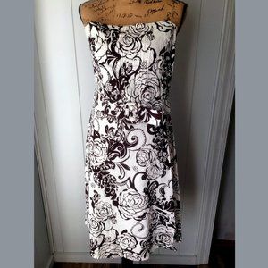 Strapless brown & white floral pattern dress, EUC